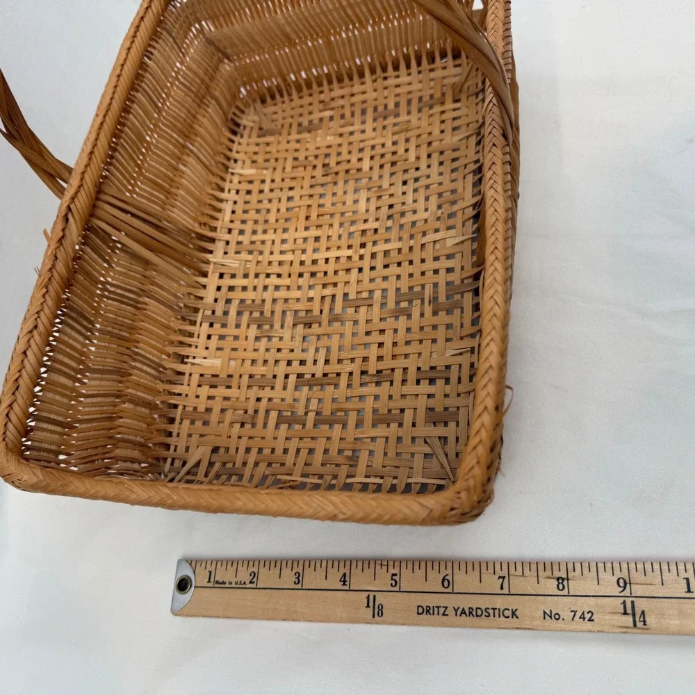Vintage Handwoven Wicker Basket Rectangular Bamboo Reed with Handle Brown